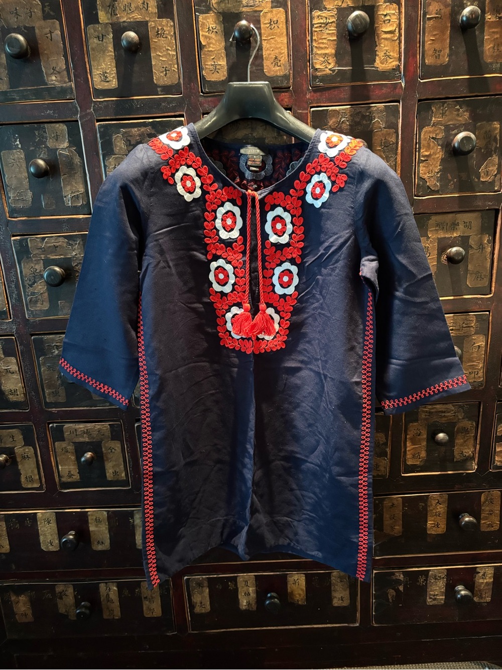 J. Crew Blue Dress/Tunic with Red and White Floral Embroidery